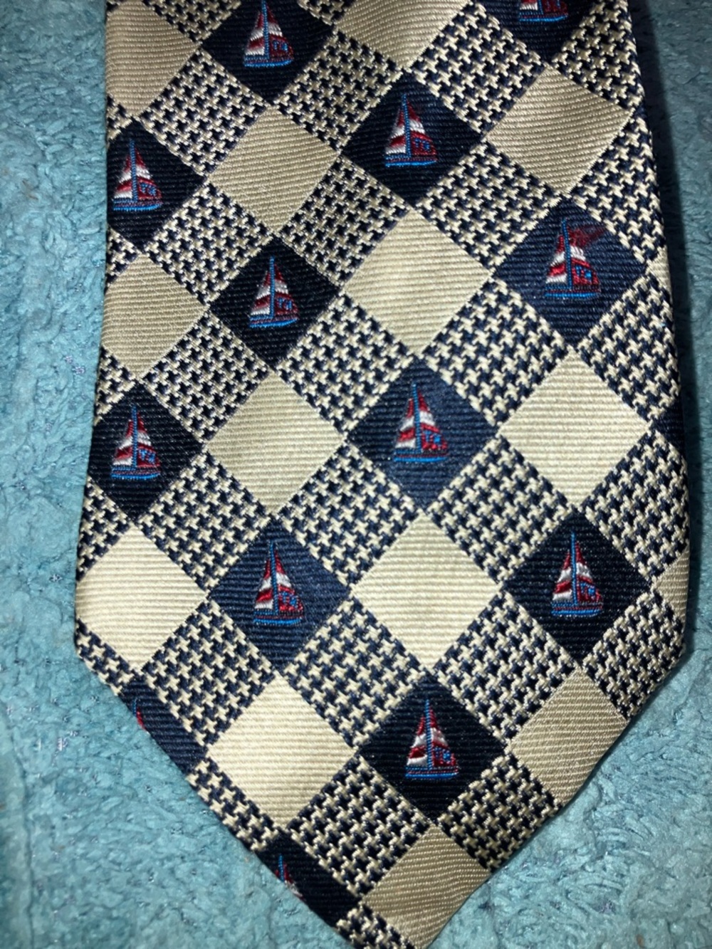 Classic Navy and Cream Checkerboard Sailboat Men's Tie - Picture 2 of 5